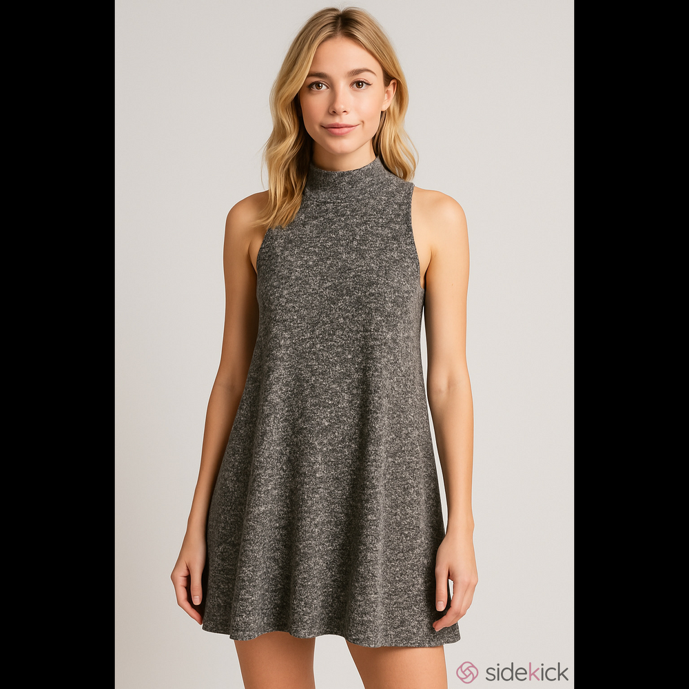 Sage Mock Neck Swing Dress Small Gray Black Knit Sleeveless